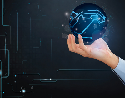 Hand Holding Orb with Networking Lines